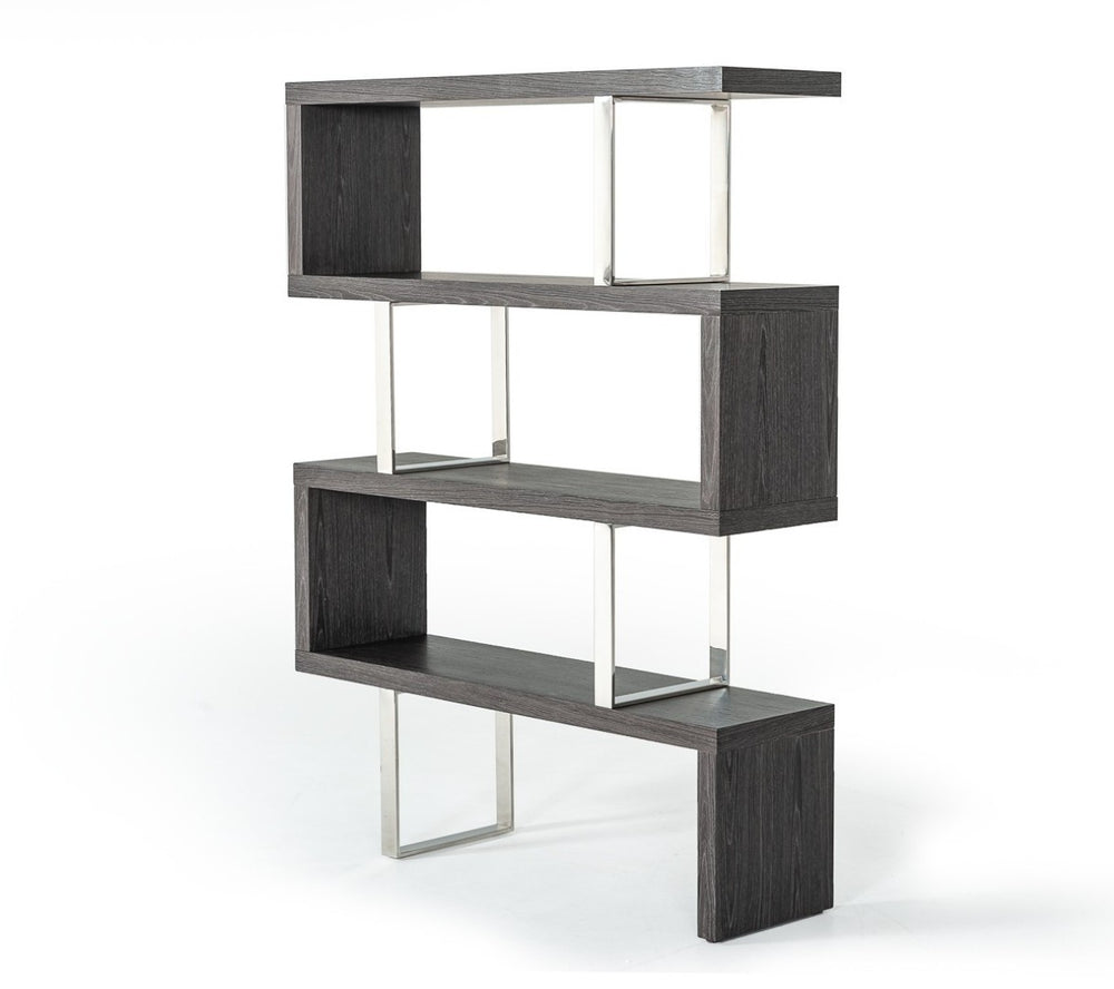HomeRoots 67" Grey Elm Zig Zag Bookcase with Chrome Frame - Stylish Four-Tier Display for Modern Homes 482699