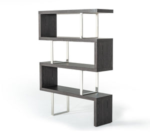 HomeRoots 67" Grey Elm Zig Zag Bookcase with Chrome Frame - Stylish Four-Tier Display for Modern Homes 482699