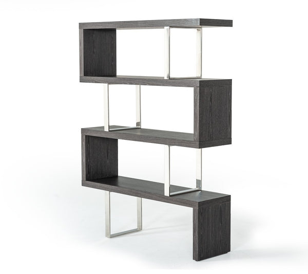 HomeRoots 67" Grey Elm Zig Zag Bookcase with Chrome Frame - Stylish Four-Tier Display for Modern Homes 482699