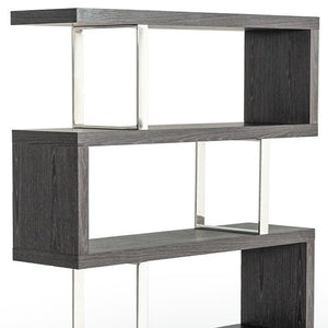 HomeRoots 67" Grey Elm Zig Zag Bookcase with Chrome Frame - Stylish Four-Tier Display for Modern Homes 482699