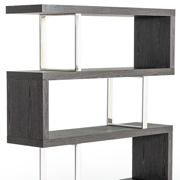 HomeRoots 67" Grey Elm Zig Zag Bookcase with Chrome Frame - Stylish Four-Tier Display for Modern Homes 482699