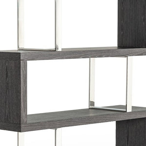 HomeRoots 67" Grey Elm Zig Zag Bookcase with Chrome Frame - Stylish Four-Tier Display for Modern Homes 482699