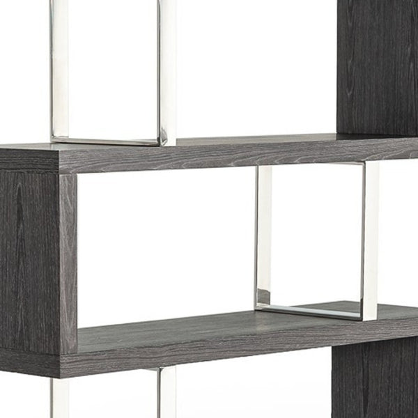 HomeRoots 67" Grey Elm Zig Zag Bookcase with Chrome Frame - Stylish Four-Tier Display for Modern Homes 482699