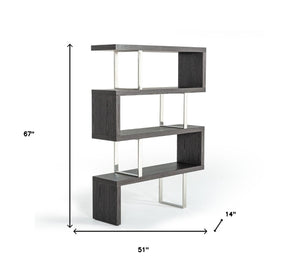 HomeRoots 67" Grey Elm Zig Zag Bookcase with Chrome Frame - Stylish Four-Tier Display for Modern Homes 482699
