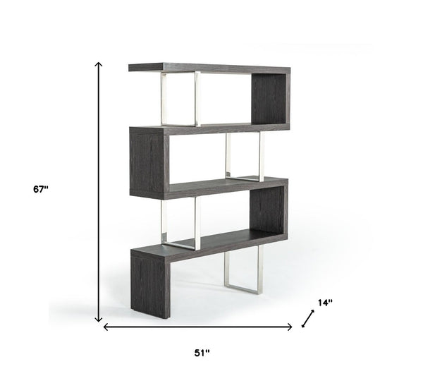 HomeRoots 67" Grey Elm Zig Zag Bookcase with Chrome Frame - Stylish Four-Tier Display for Modern Homes 482699