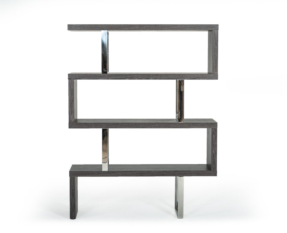 HomeRoots 67" Grey Elm Zig Zag Bookcase with Chrome Frame - Stylish Four-Tier Display for Modern Homes 482699