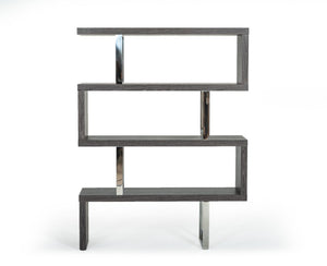 HomeRoots 67" Grey Elm Zig Zag Bookcase with Chrome Frame - Stylish Four-Tier Display for Modern Homes 482699