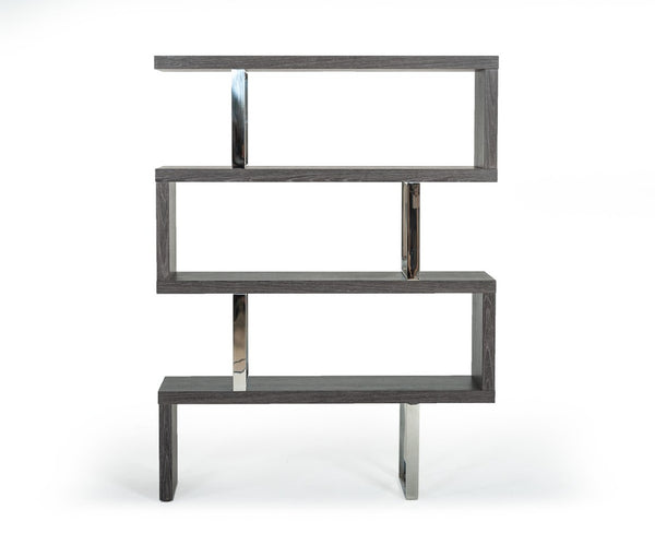 HomeRoots 67" Grey Elm Zig Zag Bookcase with Chrome Frame - Stylish Four-Tier Display for Modern Homes 482699