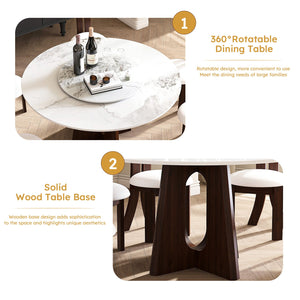 English Elm Modern Round Dining Table Set - 59" Sintered Stone Top With Walnut Base & 360° Lazy Susan For 8 People W2700S00014