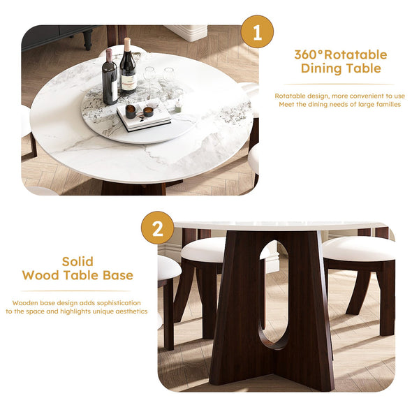 English Elm Modern Round Dining Table Set - 59" Sintered Stone Top With Walnut Base & 360° Lazy Susan For 8 People W2700S00014