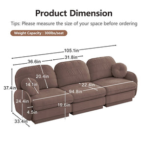 English Elm 105"chenille Cloud Sofa Quilted Plush Three Seater with Deep Cushions for Living Room Rose Dust W714S01777