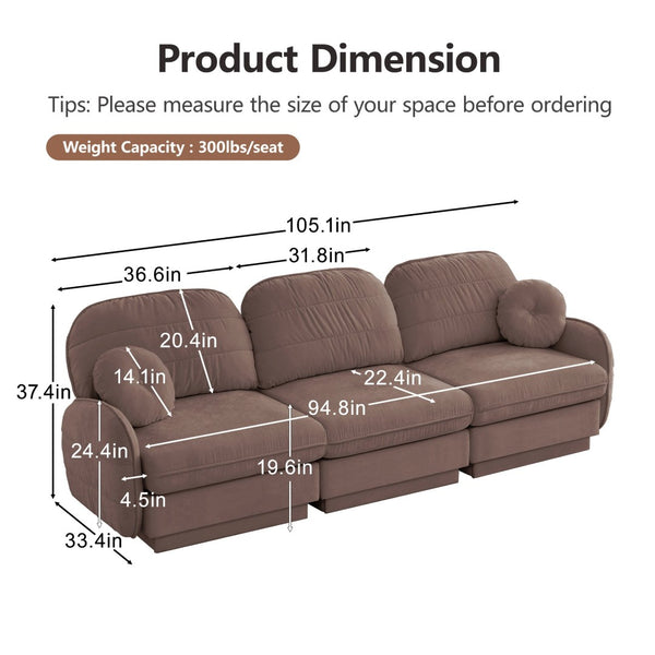 English Elm 105"chenille Cloud Sofa Quilted Plush Three Seater with Deep Cushions for Living Room Rose Dust W714S01777