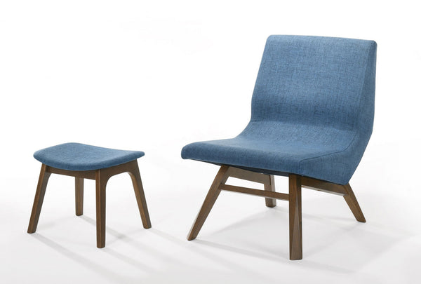 Homeroots 22" Blue And Walnut Solid Color Lounge Chair With Ottoman   482824