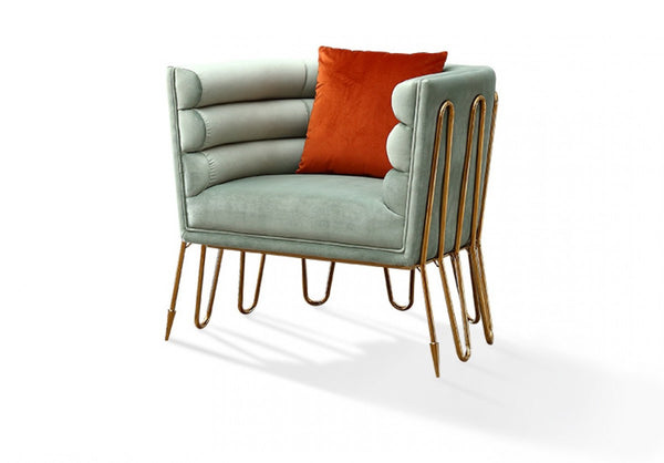 Homeroots 33" Light Green Tubular Velvet And Gold Lounge Chair   482825