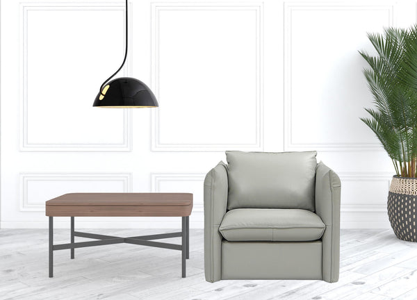 Homeroots 36" Grey Genuine Leather And Silver Swivel Accent Chair   482826