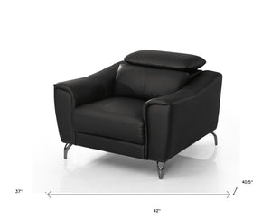 Homeroots 42" Black Genuine Leather And Silver Solid Color Lounge Chair   482832