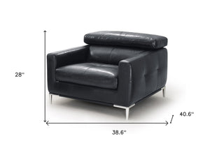Homeroots 39" Black Genuine Leather And Silver Solid Color Lounge Chair   482833