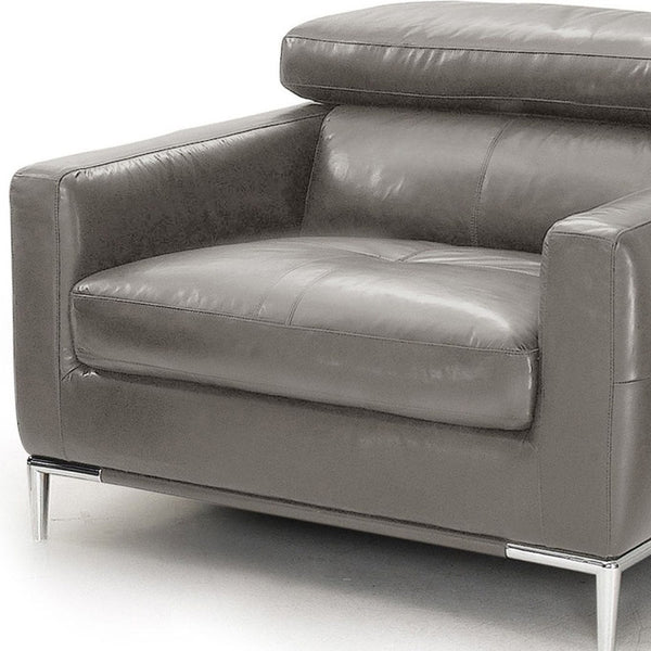 Homeroots 39" Grey Genuine Leather And Silver Solid Color Lounge Chair   482834