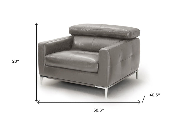 Homeroots 39" Grey Genuine Leather And Silver Solid Color Lounge Chair   482834