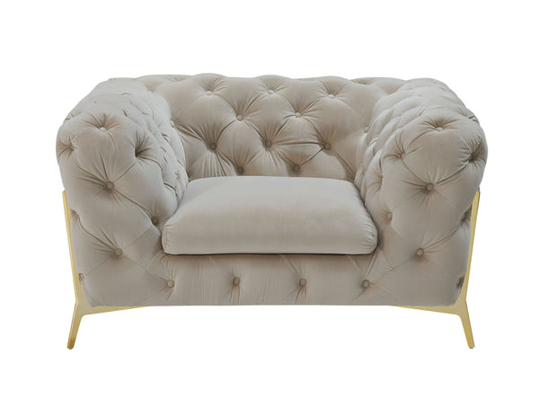 Homeroots 50" Beige Tufted Velvet And Gold Solid Color Lounge Chair   482835