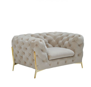 Homeroots 50" Beige Tufted Velvet And Gold Solid Color Lounge Chair   482835