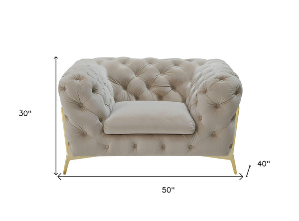 Homeroots 50" Beige Tufted Velvet And Gold Solid Color Lounge Chair   482835