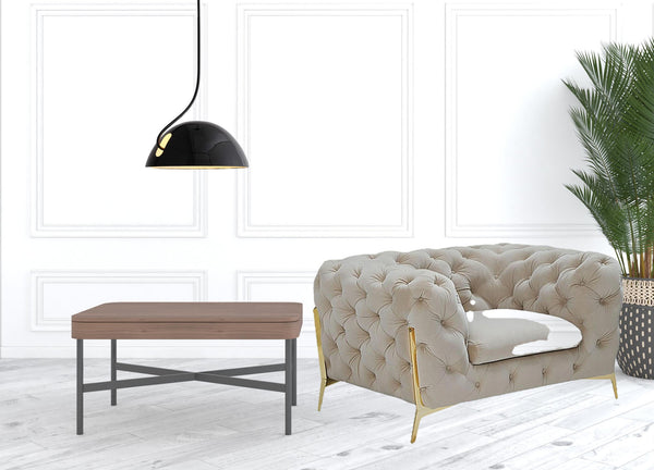 Homeroots 50" Beige Tufted Velvet And Gold Solid Color Lounge Chair   482835