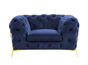 Homeroots 50" Blue Tufted Velvet And Gold Solid Color Lounge Chair   482837