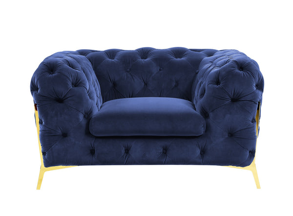 Homeroots 50" Blue Tufted Velvet And Gold Solid Color Lounge Chair   482837