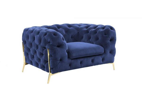 Homeroots 50" Blue Tufted Velvet And Gold Solid Color Lounge Chair   482837