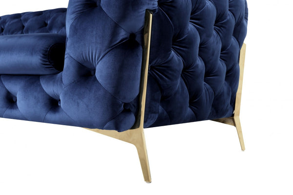 Homeroots 50" Blue Tufted Velvet And Gold Solid Color Lounge Chair   482837