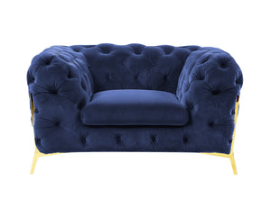 Homeroots 50" Blue Tufted Velvet And Gold Solid Color Lounge Chair   482837