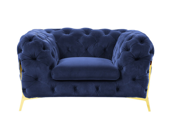 Homeroots 50" Blue Tufted Velvet And Gold Solid Color Lounge Chair   482837