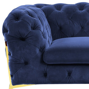Homeroots 50" Blue Tufted Velvet And Gold Solid Color Lounge Chair   482837