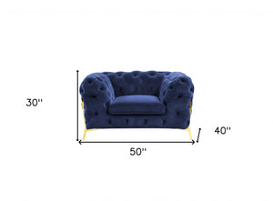 Homeroots 50" Blue Tufted Velvet And Gold Solid Color Lounge Chair   482837