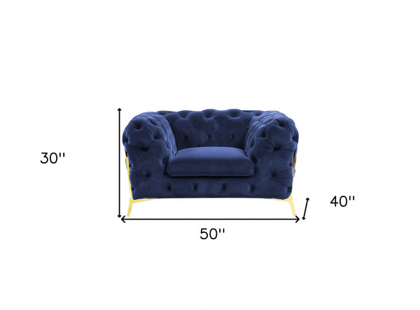 Homeroots 50" Blue Tufted Velvet And Gold Solid Color Lounge Chair   482837