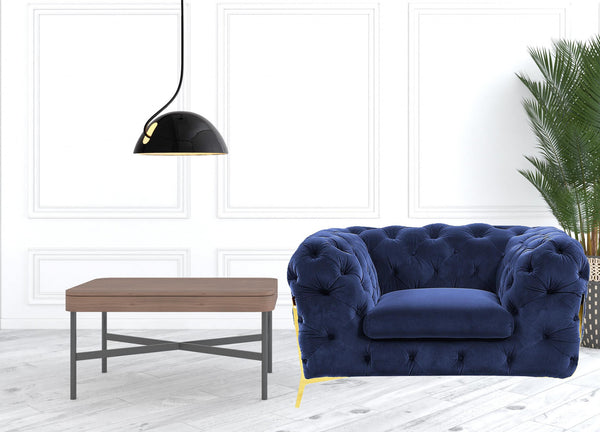 Homeroots 50" Blue Tufted Velvet And Gold Solid Color Lounge Chair   482837