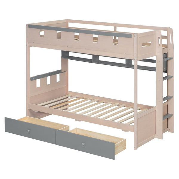 English Elm Twin Castle Bunk Bed with Led Lighting Built-in Shelf and Storage Drawers for Kids Gray LT000158AAE