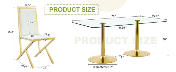 English Elm Table and 8 Chair Dining Set Tempered Glass Top with Gold Metal Framed Pu Seating Transparent,White+Gold W1151S04775