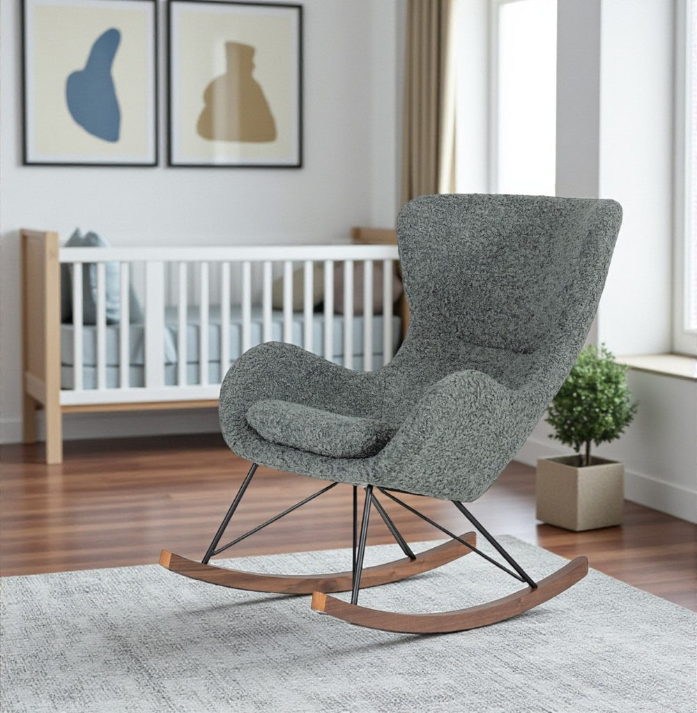 HomeRoots 30" Cozy Gray and Brown Faux Fur Rocking Chair with Metal Frame for Stylish Modern Living Spaces 482853