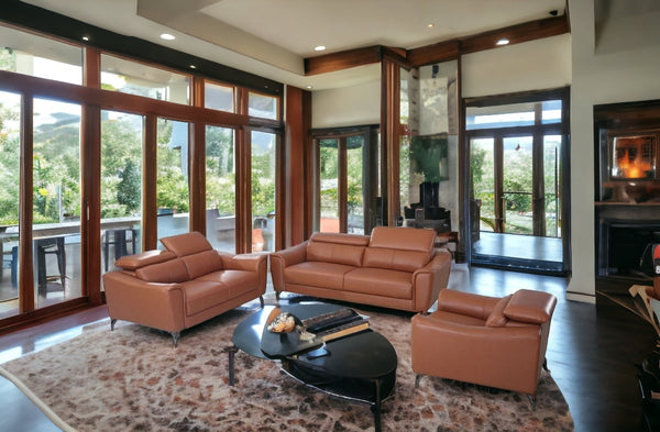 Homeroots Three Piece Brick Red Genuine Leather Six Person Seating Set   482856