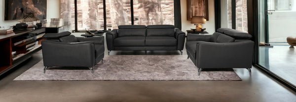 Homeroots Three Piece Black Genuine Leather Six Person Seating Set   482857