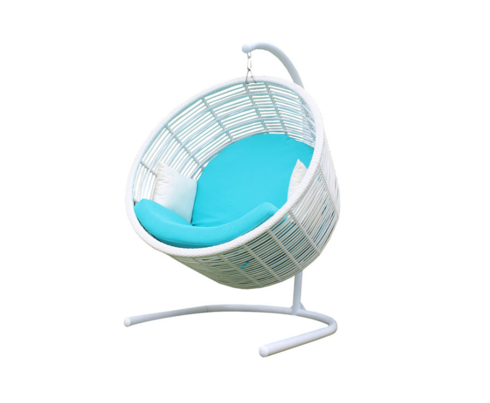 Homeroots 49" White Metal Indoor Outdoor Swing Chair With Aqua Cushion  Rattan,Aluminium,Fabric 482866