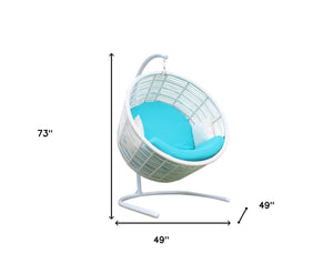 Homeroots 49" White Metal Indoor Outdoor Swing Chair With Aqua Cushion  Rattan,Aluminium,Fabric 482866