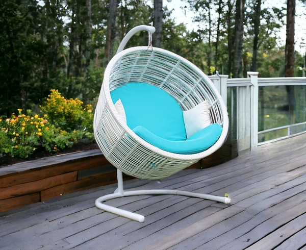 Homeroots 49" White Metal Indoor Outdoor Swing Chair With Aqua Cushion  Rattan,Aluminium,Fabric 482866