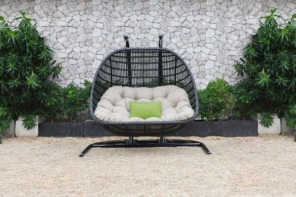 Homeroots 69" Beige And Black Aluminum Indoor Outdoor Swing Chair With Beige Cushion  Rattan,Aluminium,Fabric 482868