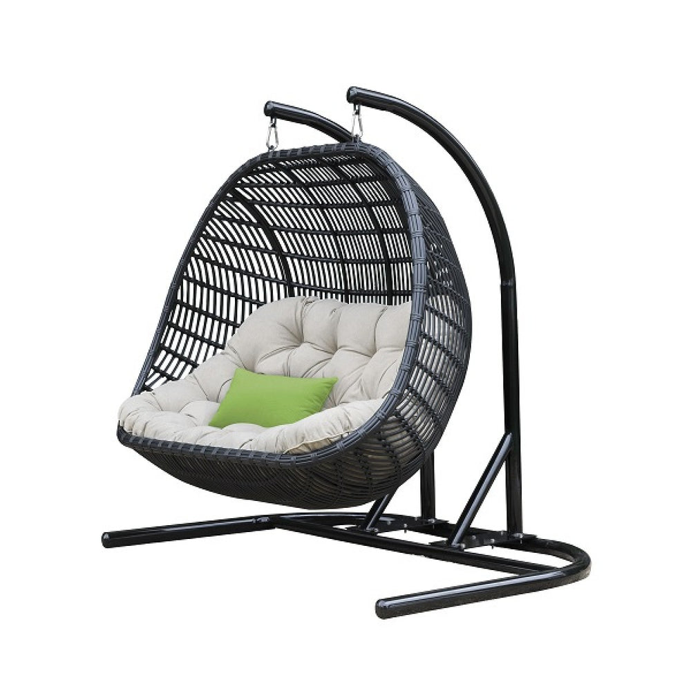 Homeroots 69" Beige And Black Aluminum Indoor Outdoor Swing Chair With Beige Cushion  Rattan,Aluminium,Fabric 482868