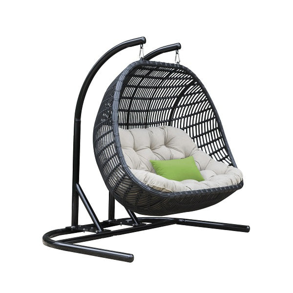 Homeroots 69" Beige And Black Aluminum Indoor Outdoor Swing Chair With Beige Cushion  Rattan,Aluminium,Fabric 482868