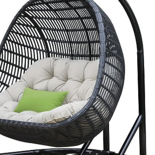 Homeroots 69" Beige And Black Aluminum Indoor Outdoor Swing Chair With Beige Cushion  Rattan,Aluminium,Fabric 482868