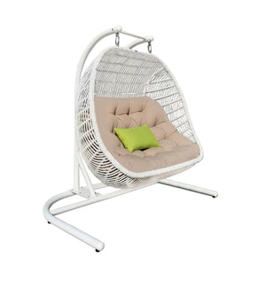 Homeroots 69" Beige And White Metal Indoor Outdoor Swing Chair With Beige Cushion  Rattan,Aluminium,Fabric 482869